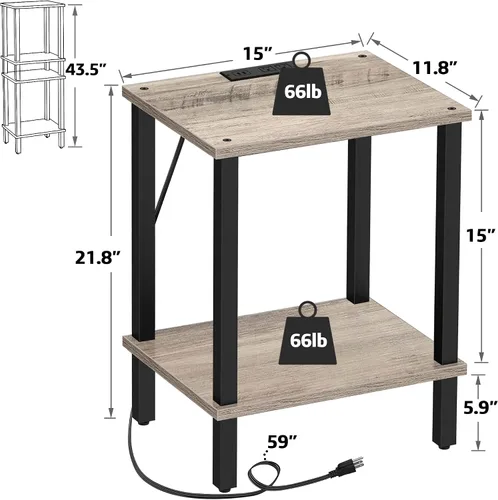 Miniatura 2 de TUTOTAK Mesa auxiliar con estación de carga, pequeña mesa auxiliar con tomas de corriente, mesita de noche, mesa de cabecera, estante de Gris beige