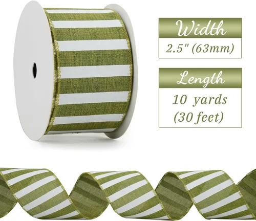 Miniatura 2 de Cinta Verde Musgo con Alambre de 2.5" Rayas Horizontales Verde Blanco Arpillera Cinta de Árbol de Navidad Cinta Verde Rústica con Alambre de Navidad