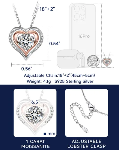 Miniatura 30 de MomentWish Collar de corazón para mujer, moissanita, diamante de imitación, plata de ley 925