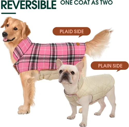 Miniatura 4 de Kuoser - Abrigo impermeable de invierno para perro, chaqueta reversible estilo británico, ropa para perro a cuadros, abrigo de nieve acogedor