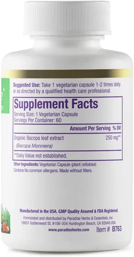 Miniatura 2 de Paradise Herbs Extracto de Bacopa, vegano, sin OMG, sin gluten, 60 cápsulas
