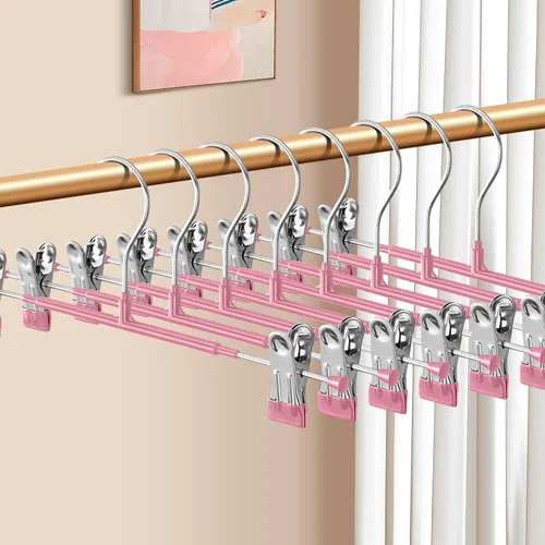 Miniatura 10 de Perchas para pantalones con clips, paquete de 10 perchas ajustables para falda para mujer, perchas antideslizantes para pantalones de mezclilla