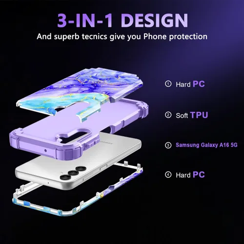 Miniatura 4 de Casetego Funda para Galaxy A16 5G, Tres Capas de Alta Resistencia Robusta a Prueba de Golpes, Protección Completa Rugosa de PC Duro + Parachoques