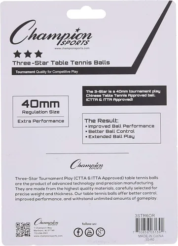 Miniatura 4 de Champion Sports 3 Star Table Tennis Ball Pack – Tournament Size, 40mm Seamless, CTTA & ITTA Approved