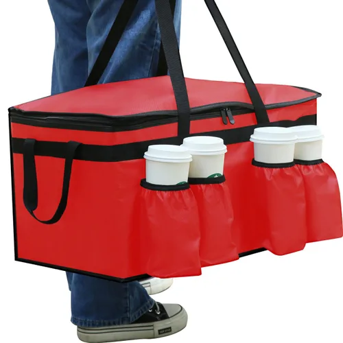 Miniatura 3 de musbus Bolsa aislada para entrega de alimentos con portavasos/portadores de bebidas Premium XXL, ideal para bebidas, comestibles, pizza, calidad Rojo