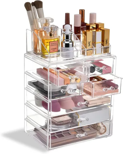 Organizador de maquillaje transparente con soporte para pinceles, gran exhibición de cosméticos de acrílico y organizador de maquillaje y