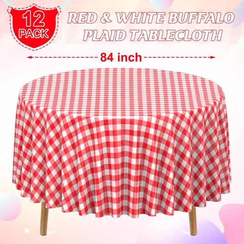 Miniatura 2 de Paquete de 12 manteles redondos de plástico rojo y blanco a cuadros desechables de alta calidad para fiestas, manteles redondos de fiesta