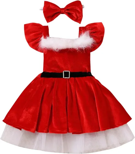 ZIYIXIN Vestido de terciopelo de Navidad para niña pequeña, vestido de tul de princesa roja con sombrero de Papá Noel, trajes lindos para fiesta