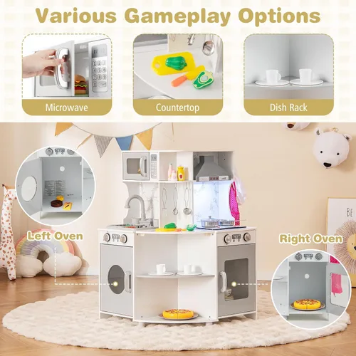 Miniatura 4 de Costzon Cocina de esquina para niños, juego de cocina de madera con circulación de agua, luz y sonido reales, microondas, campana extractora, gris