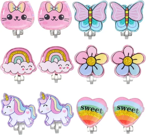 PinkSheep Aretes de clip brillantes para niñas pequeñas, 6 pares de aretes de unicornio, aretes de arco iris para niños, el mejor regalo, Aleación