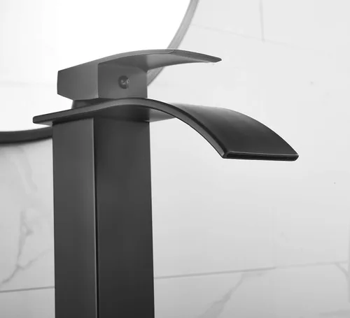 Miniatura 5 de Grifo de baño negro de un solo agujero con una manija para lavabo de baño, cascada, montaje en cubierta, grifo mezclador de baño comercial