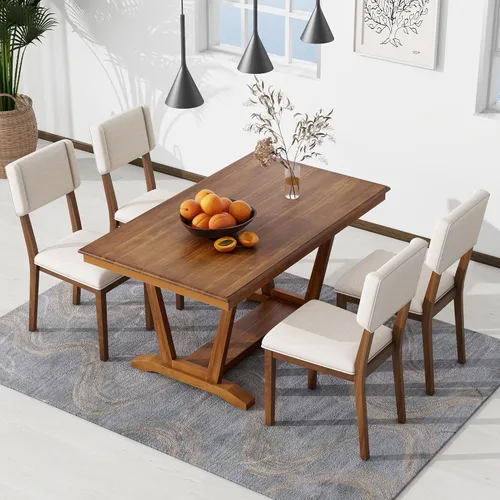 Miniatura 11 de Mid-Century - Juego de comedor de 5 piezas, altura de mostrador, mesa consola de madera con patas de caballete y 4 taburetes para lugares pequeños