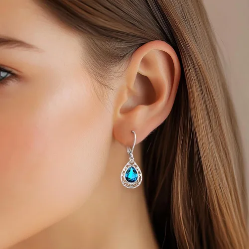 Miniatura 160 de Aretes colgantes de plata de ley con diseño de árbol de la vida, flor, abeja, animales, gato, colibrí, piedra lunar, turquesa, aretes con cierre