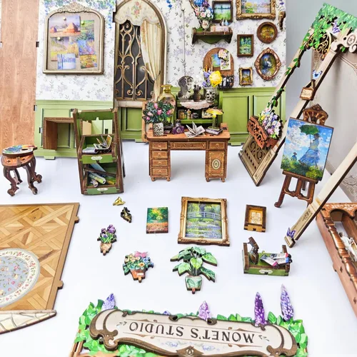 Miniatura 7 de Monet's Studio - Kit de rincón de libro con luz LED y cubierta antipolvo, kit de casa en miniatura para bricolaje, rompecabezas de madera 3D, kit