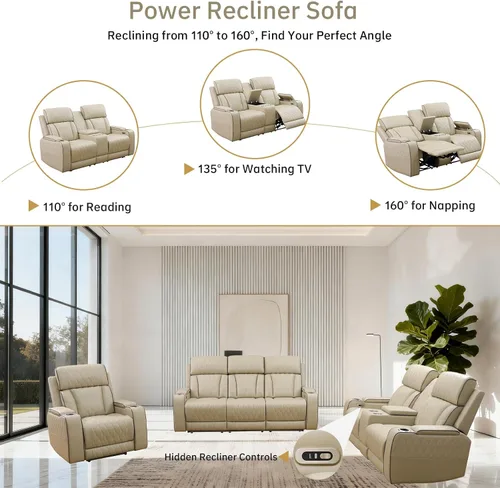 Miniatura 6 de Juegos de muebles de sala de estar, sofá modular reclinable eléctrico con luces LED, juego de sofá de cuero, sofá reclinable para sala de estar