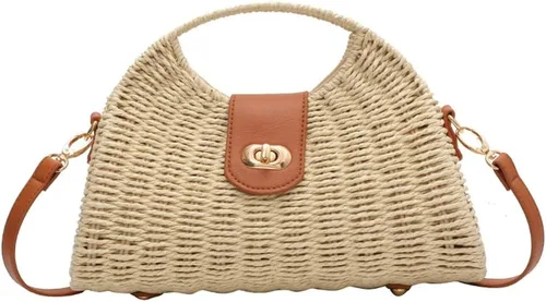 Bolso cruzado de paja tejida a mano para mujer, bolso de hombro con asa superior de ratán para playa de verano, bolso de mano
