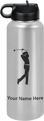Miniatura 14 de LaserGram Botella de agua personalizada, golfista de golf, acero inoxidable de doble pared aislada al vacío con popote superior, regalo grabado Negro