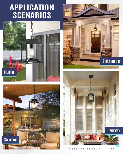 Miniatura 4 de Lámpara colgante exterior para porche, luz colgante negra de 1 luz, lámpara colgante exterior moderna con vidrio cilíndrico y cadena ajustable