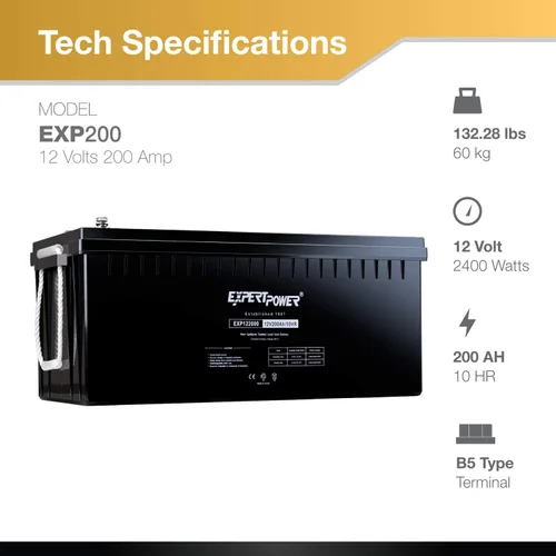 Miniatura 2 de ExpertPower EXP200 - Batería marina de ciclo profundo de 12 V 200 Ah, baterías de panel solar de plomo ácido para cámper, RV, barco, bomba