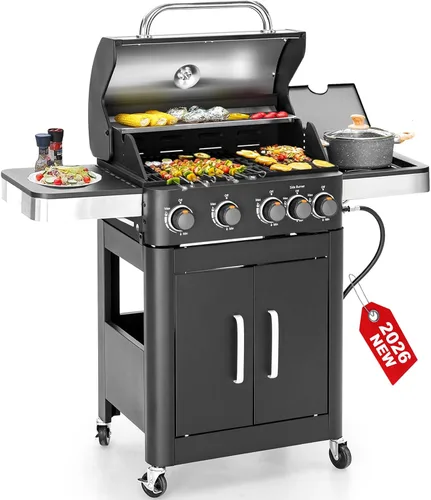 Parrilla de Barbacoa de Gas Propano 2 en 1 con Quemador Lateral y Rejilla de Hierro Fundido Esmaltada en Porcelana, Plancha Plana de 4 Quemadores,