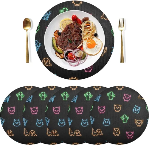 Miniatura 3 de Neon Cute Faces Black Round Table Placemats, Non Slip Washable Placemats Non Slip for Kitchen Table one sizex6