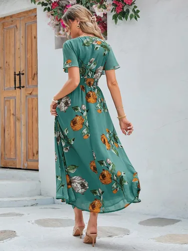 Miniatura 4 de Simplee Vestido largo de playa para mujer con cuello en V y manga corta, diseño bohemio floral, casual, para invitadas de boda y fiestas