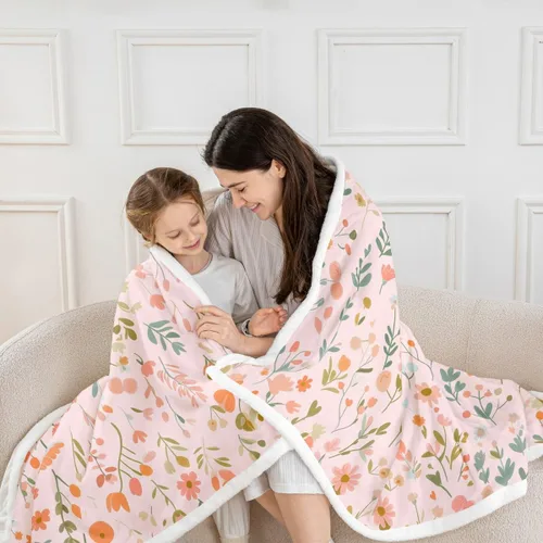 Miniatura 2 de Manfei Pink Flower Throw Blanket Watercolor Floral Leaves Print Fleece Blanket Plants Wildflower Cozy Throws for Bed Couch Sofa,Kids Boys Girls Room