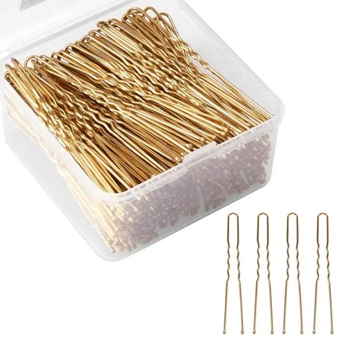Alfileres en forma de U en estuche, 200 pinzas doradas para el cabello a granel para mujeres, 2.4 pulgadas, grandes y fuertes sujetadores para