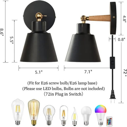 Miniatura 2 de ClanKin Juego de 2 apliques de pared enchufables, lámpara de pared para dormitorio industrial, lámpara de pared para baño, pasillo, sala de estar