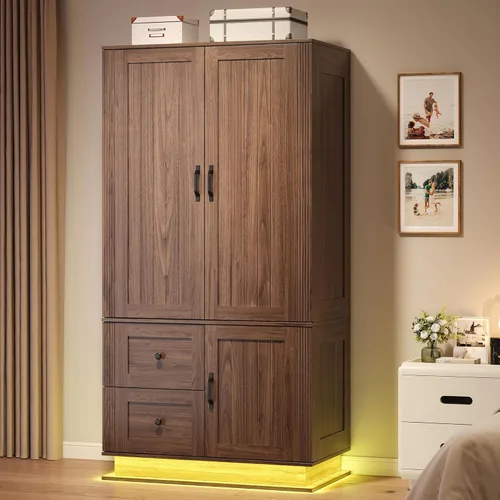 LIKIMIO Armario de granja con puertas, armario de dormitorio de 70 pulgadas con luces LED y barra para colgar, armario grande de madera con 2 Nogal