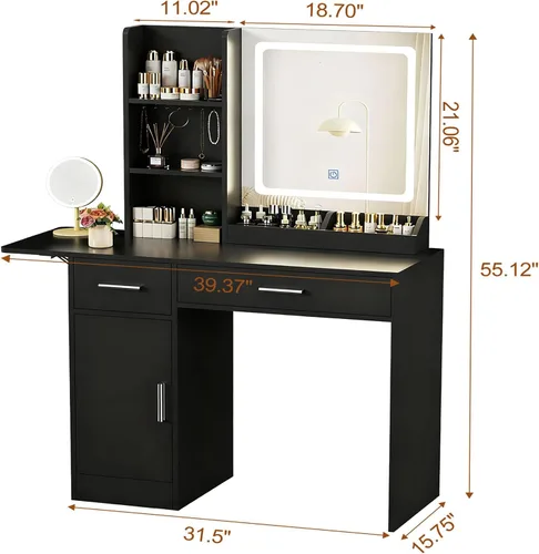 Miniatura 7 de ERLEJIA Escritorio de tocador con espejo y luces, 39.37 pulgadas, 4 cajones, escritorio de maquillaje sin taburete, escritorio extra plegable con 3