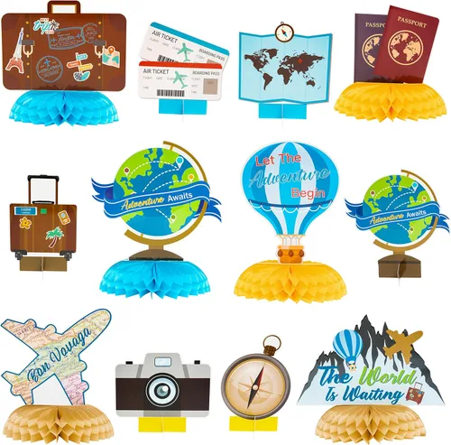 12 centros de mesa con temática de panal de abeja, decoración de fiesta, viajes alrededor del mundo, decoración de mesa, accesorios de fotos para