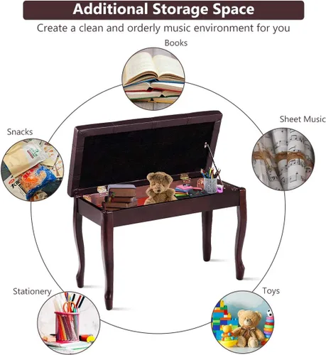 Miniatura 5 de GOFLAME Taburete de banco de piano con cojín acolchado y almacenamiento de música, asiento de piano resistente con asiento acolchado de piel Marrón