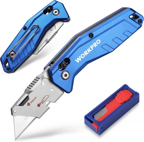 Miniatura 10 de WORKPRO Cuchillo Utilitario Plegable, Metal Resistente, Cortador de Caja de Bloqueo de Eje de Apertura Rápida, Cuchillo de Hoja de Cambio Rápido, 1