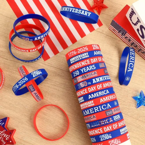 Miniatura 5 de JUNEBRUSHS 42 pulseras de silicona para el 250 aniversario, pulseras patrióticas, color rojo, blanco y azul, para celebración de aniversario de 250