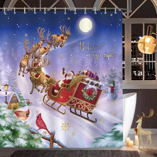 Miniatura 9 de Bonhause Cortina de Ducha de Árbol de Navidad Cajas de Regalo de Árbol de Navidad Noche Milagrosa Cortina de Baño Decorativa 72 x 72 Pulgadas Tela