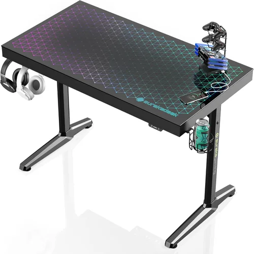 EUREKA ERGONOMIC Escritorio LED RGB para juegos, sincronización de música, luces de escritorio de vidrio templado, 43 pulgadas, GTG I43, mesa de