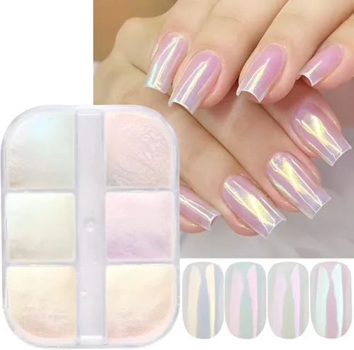 Polvo de uñas cromado de 6 colores, efecto espejo metálico, aurora, perla blanca mágica, cromado, polvo de uñas, polvo de mica, polvo iridiscente,