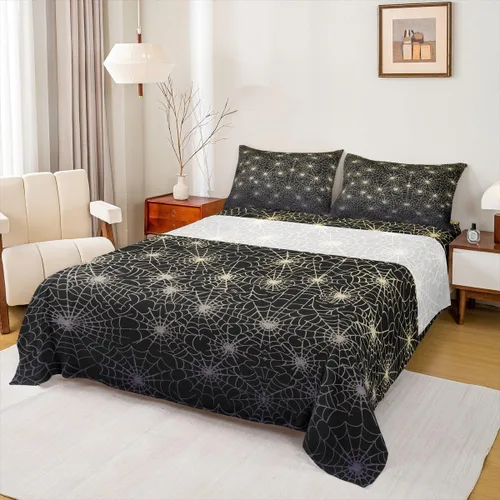 Miniatura 2 de Erosebridal Sábanas de Telaraña Juego de Sábanas Feliz Halloween Juego de Ropa de Cama de Líneas Rayas Geométricas Tamaño King Sábana Plana Amarillo