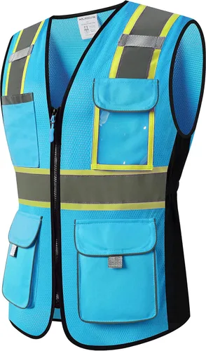 Chaleco de seguridad para mujeres, chaleco de trabajo reflectante de alta visibilidad con 9 bolsillos múltiples y cremallera Azul