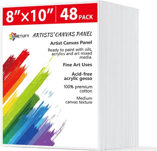 Simetufy Paquete de 48 paneles de lona de 8 x 10 pulgadas para pintar - Paneles de lienzo reforzados con imprimación de gesso sin ácidos 100%