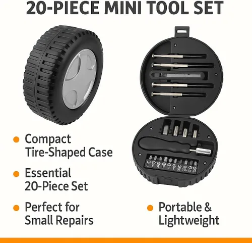 Miniatura 2 de Mini kit de herramientas de 20 piezas en estuche en forma de neumático, juego de reparación compacto de bricolaje con puntas de destornillador