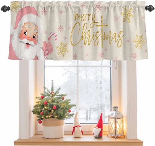 Miniatura 9 de Cenefa de Navidad para ventanas, cenefas de Papá Noel, cenefa con bolsillo para barra, tratamientos de ventana, cortinas cortas a cuadros rojos