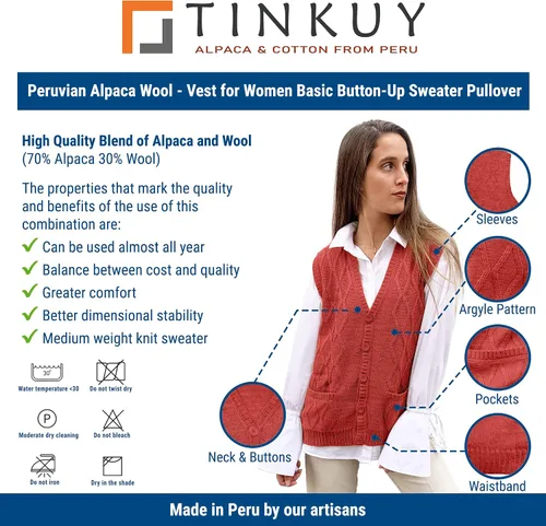 Miniatura 5 de TINKUY Chaleco peruano de lana de alpaca con cuello en V y rombos para mujer, S-4XL