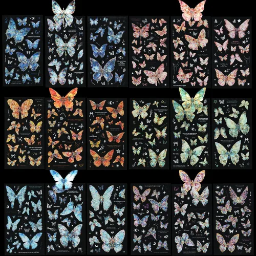 Calcomanías de mariposa (18 hojas/más de 500 piezas) coloridas holográficas con purpurina para PET, calcomanías transparentes para álbumes de