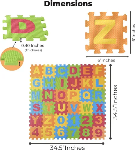 Miniatura 4 de DIMPLE Tapete de juego de espuma para niños (72 piezas en total) 6.25 x 6.25 pulgadas entrelazados del alfabeto y los números, rompecabezas de suelo