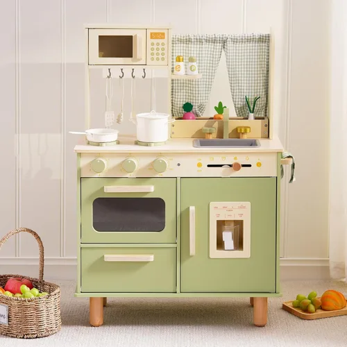 ROBUD Juego de cocina de madera, cocina de juego de simulación para niños, cocina de juguete con microondas, fregadero, estufa y máquina de hielo,