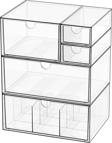 Miniatura 7 de Juego de organizador de escritorio, cajas de almacenamiento apilables blancas y transparentes a prueba de polvo para escritorio, oficina, baño