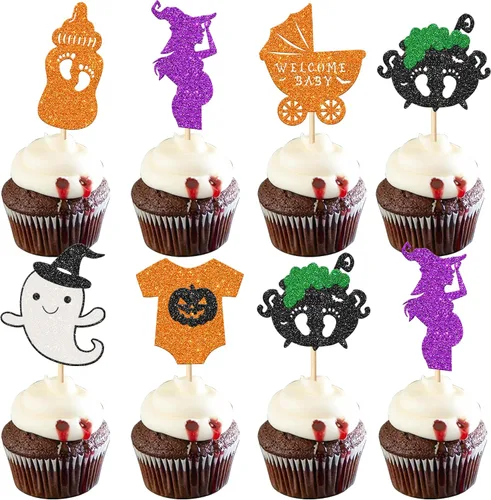Miniatura 27 de Rsstarxi Paquete de 36 adornos para cupcakes de Halloween, murciélagos con purpurina, palitos de calabaza y calabazas, sombrero de bruja