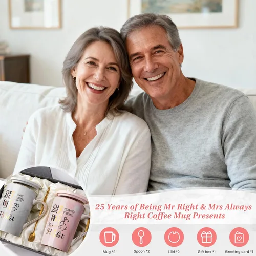 Miniatura 6 de Biching Regalos de Boda del 25º Aniversario, 25 Años de Ser Mr Right & Mrs Always Right Taza de Café Regalos para Parejas Padres Mujeres Hombres